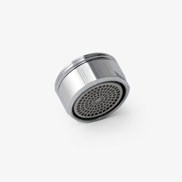 Chrome faucet aerator with a circular mesh screen, photographed from a close angle