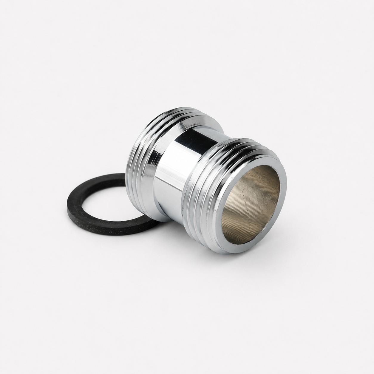 Chrome-plated double-ended threaded pipe coupling with a black rubber gasket for sealing changes in piping