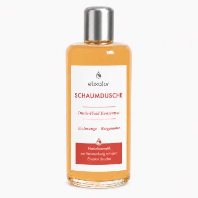 Bottle of elixator Schaumsdusche shower foam concentrate with orange liquid and a silver cap