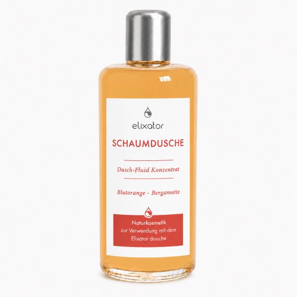 Bottle of elixator Schaumsdusche shower foam concentrate with orange liquid and a silver cap