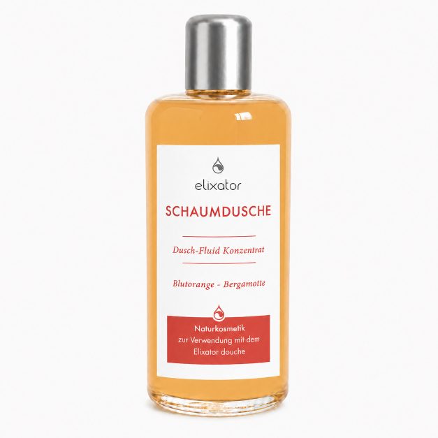Bottle of elixator Schaumsdusche shower foam concentrate with orange liquid and a silver cap