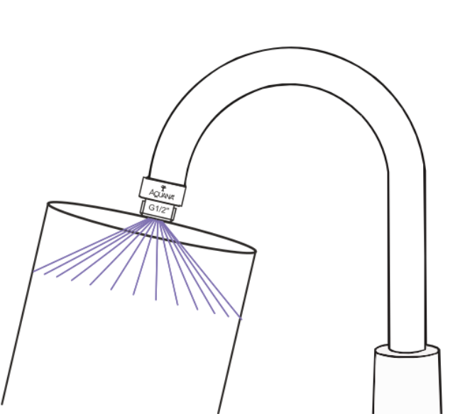 Illustration of a curved shower arm with a rainfall showerhead spraying water downward.