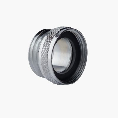 Metal camera lens mount adapter with knurled edge, silver and black, close-up view