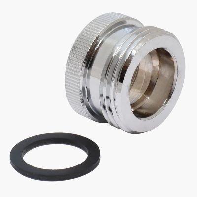Chrome metal adapter with knurled outer rim and inner threading, with a black rubber gasket beside it.