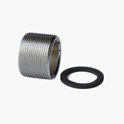 Metal threaded pipe cap with external threads and a separate black rubber gasket still nearby for sealing a joint in plumbing.