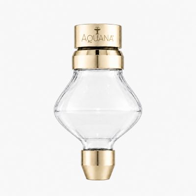 Gold-toned cap with AQUANA logo atop a clear, diamond-shaped perfume bottle against a white background, elegant product shot.