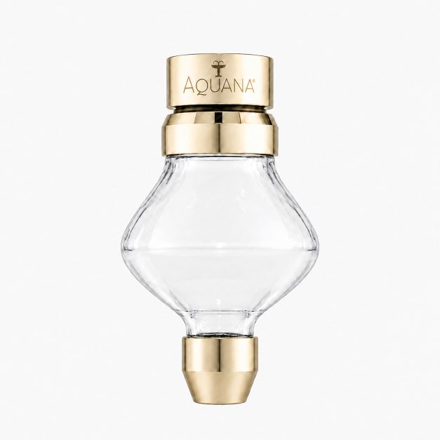 Gold-toned cap with AQUANA logo atop a clear, diamond-shaped perfume bottle against a white background, elegant product shot.