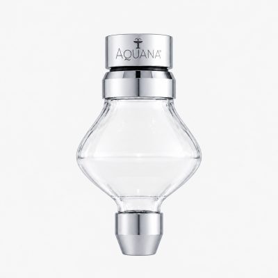 Clear glass perfume bottle with a chrome cap and the Aquana logo on top.