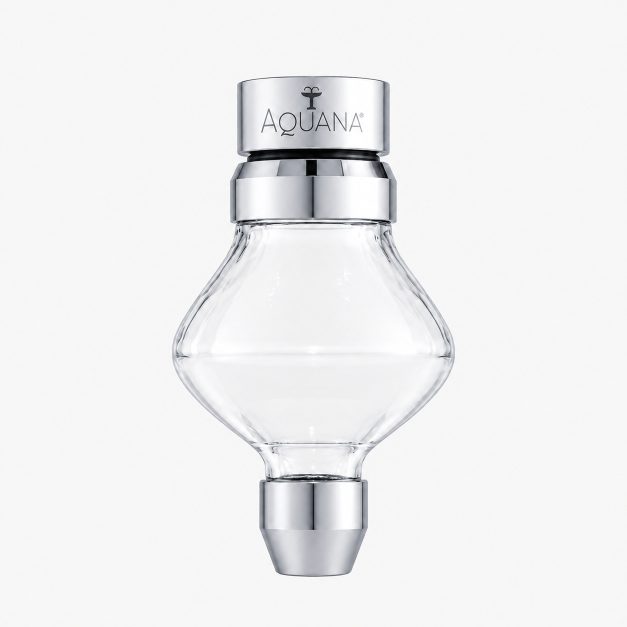 Clear glass perfume bottle with a chrome cap and the Aquana logo on top.
