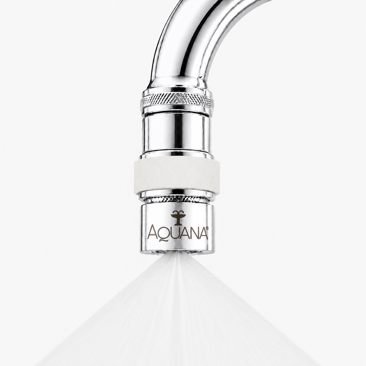 Close-up of a chrome faucet sprayer releasing a fine spray, with the Aquana logo visible on the nozzle.